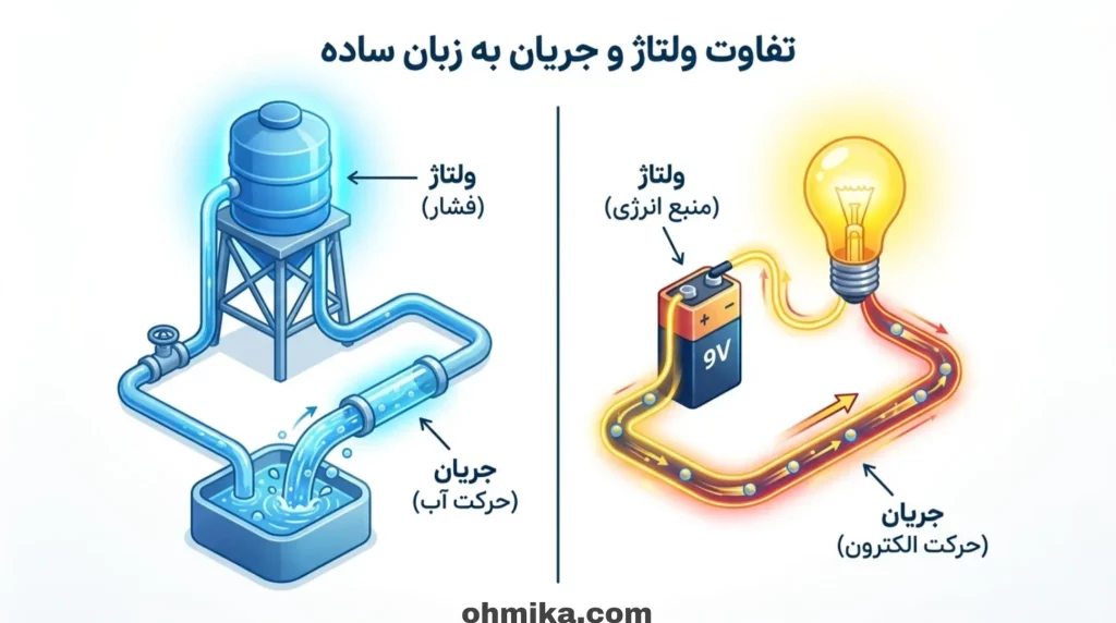 اینفوگرافیک مقایسه ولتاژ به عنوان فشار آب و جریان به عنوان حرکت آب در لوله